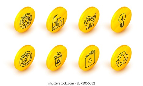 Set line Recycle symbol, Canister for gasoline, bin with recycle, No canister, Light bulb lightning, Sprout hand of environmental protection, Factory and Planet earth recycling icon. Vector
