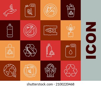Set line Recycle symbol, Canister for gasoline, Plant bottle, No trash, canister, Plastic, Sprout hand of environmental protection and Stop ocean plastic pollution icon. Vector