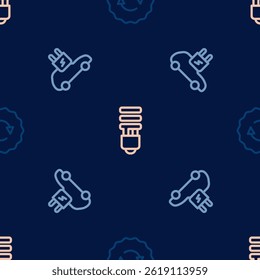 Set line Recycle symbol, Electric car and LED light bulb on seamless pattern. Vector