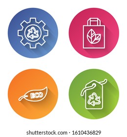 Set line Recycle symbol and gear, Paper shopping bag with recycle, Leaf Eco symbol and Tag with recycle symbol. Color circle button. Vector