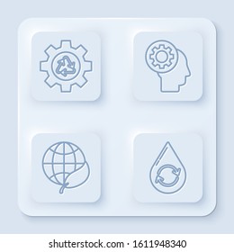 Set line Recycle symbol and gear, Human head with gear inside, Earth globe and leaf and Recycle clean aqua. White square button. Vector