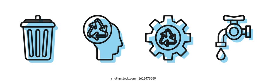 Set line Recycle symbol and gear, Trash can, Human head with recycle and Water tap icon. Vector
