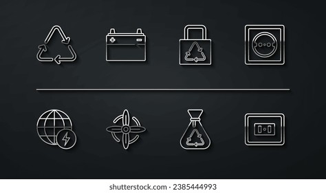 Set line Recycle symbol, Global energy power planet, Electrical outlet, Garbage bag with recycle, Wind turbine, Car battery,  and Paper icon. Vector