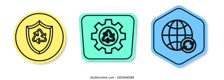 Set line Recycle symbol inside shield, Recycle symbol and gear and Planet earth and a recycling. Colored shapes. Vector