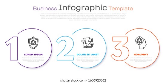Set line Recycle symbol inside shield, Recharging and Human head with recycle. Business infographic template. Vector