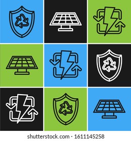 Set line Recycle symbol inside shield, Recharging and Solar energy panel icon. Vector