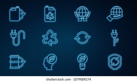 Set line Recycle symbol inside shield, Electric saving plug leaf, Hands holding Earth globe, Eco fuel canister, Refresh and  icon. Vector