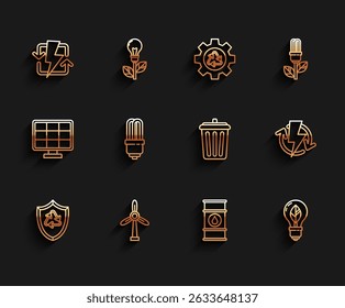 Set line Recycle symbol inside shield, Wind turbine, Recharging, Oil barrel line, Light bulb with leaf, LED light,  and Trash can icon. Vector