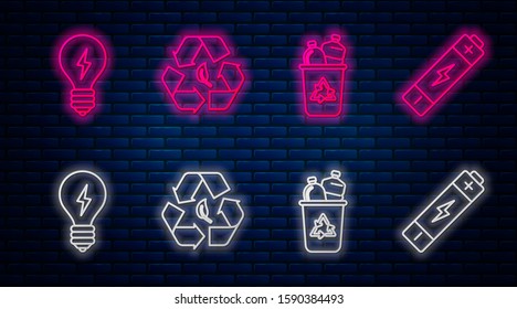 Set line Recycle symbol and leaf, Recycle bin with recycle symbol, Light bulb with lightning symbol and Battery. Glowing neon icon on brick wall. Vector