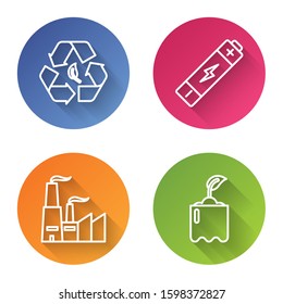 Set line Recycle symbol and leaf, Battery, Factory and Sprout in bottle. Color circle button. Vector