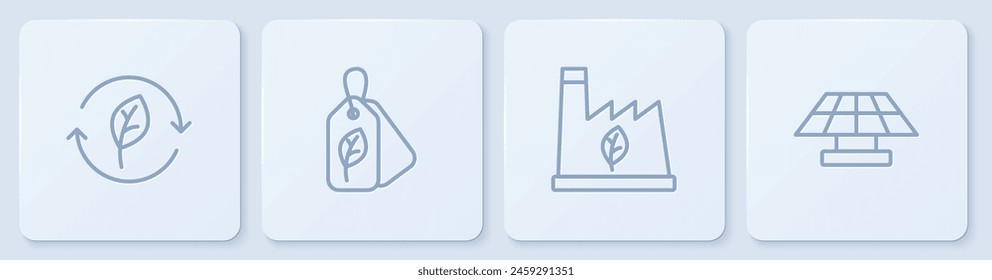 Setzen Sie die Linie Recycling-Symbol mit Blatt, Pflanzenrecycling Müll, Tag und Solar-Energiepanel. Weißes quadratisches Button. Vektorgrafik