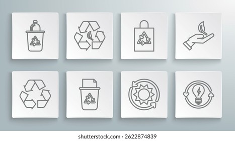 Set line Recycle symbol, and leaf, bin with recycle, Solar energy panel, light bulb lightning, Plastic bag, Sprout hand of environmental protection and  icon. Vector