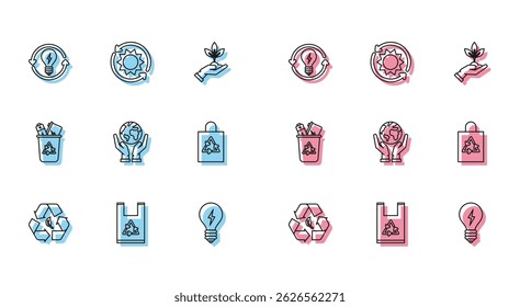 Set line Recycle symbol and leaf, Plastic bag with recycle, light bulb lightning, Light, Human hands holding Earth globe, bin and Solar energy panel icon. Vector
