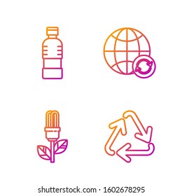 Set line Recycle symbol, Light bulb with leaf, Bottle of water and Planet earth and a recycling. Gradient color icons. Vector