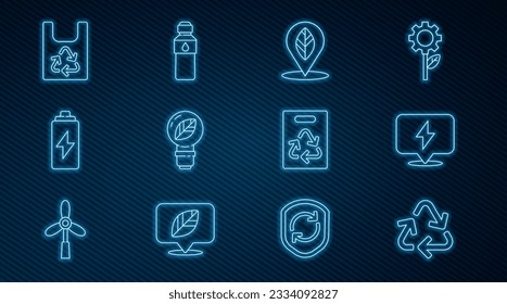Set line Recycle symbol, Lightning bolt, Location with leaf, bulb, Battery, Plastic bag recycle, Paper and Bottle of water icon. Vector