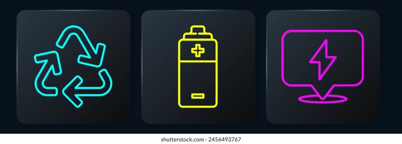 Set line Recycle symbol, Lightning bolt and Battery. Black square button. Vector