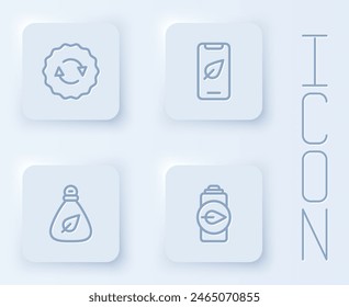 Fijar línea Reciclar símbolo, Teléfono móvil con hoja, bolsa de basura y batería de naturaleza ecológica. Botón cuadrado blanco. Vector