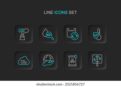 Definir linha Símbolo de reciclagem, Resíduos radioativos em barril, Mão segurando globo terrestre, nuvem de emissões de CO2, Termômetro, Saco de compras com reciclagem, Lupa gota lupa e ícone. Vetor
