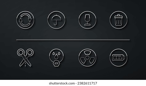 Set line Recycle symbol, Scissors with cut line, Trash can, Radioactive, Water drop forbidden, Delivery package umbrella, Battery and Fragile broken glass icon. Vector