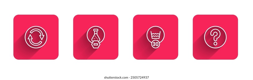 Set Linie Recycling-Symbol, Reagenzglas und Kolben, Temperaturwäsche und unbekannte Suche mit langem Schatten. Roter quadratischer Knopf. Vektorgrafik