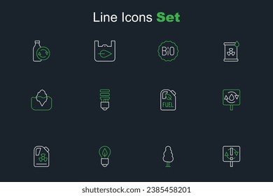Set line Recycle symbol, Tree, Light bulb with leaf, Radioactive waste in barrel, clean aqua, Bio fuel canister, LED light and Iceberg icon. Vector