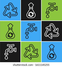 Set line Recycle symbol, Water tap and Garbage bag with recycle icon. Vector