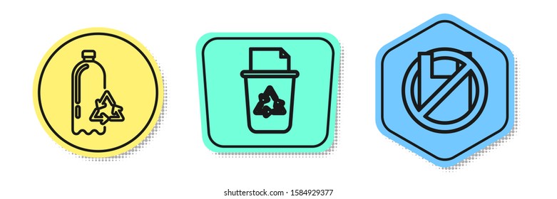 Set line Recycling plastic bottle, Recycle bin with recycle symbol and Say no to plastic bags poster. Colored shapes. Vector