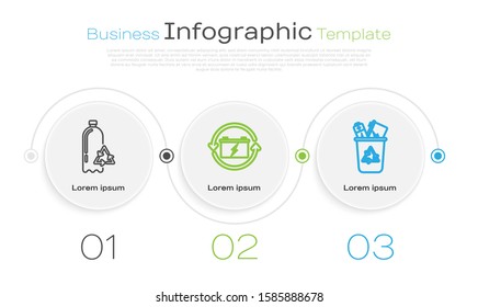 Set line Recycling plastic bottle, Battery with recycle symbol and Recycle bin with recycle symbol. Business infographic template. Vector
