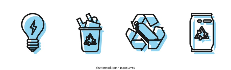 Set line Recycling plastic bottle, Light bulb with lightning symbol, Recycle bin with recycle symbol and Can with recycle symbol and can icon. Vector