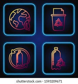 Set line Recycling plastic bottle, Recycling plastic bottle, Earth globe and leaf and Recycle bin with recycle symbol. Gradient color icons. Vector