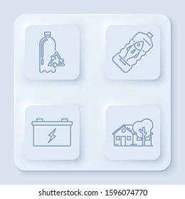 Set line Recycling plastic bottle, Stop ocean plastic pollution, Car battery and Eco friendly house. White square button. Vector