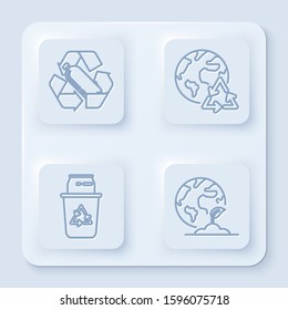 Set line Recycling plastic bottle, Planet earth and a recycling, Recycle bin with recycle symbol and can and Earth globe and plant. White square button. Vector