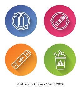 Set line Recycling plastic bottle, Battery with recycle symbol line, Battery and Recycle bin with recycle symbol. Color circle button. Vector