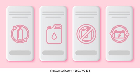 Set line Recycling plastic bottle, Canister for gasoline, No canister for gasoline and Battery with recycle symbol. White rectangle button. Vector