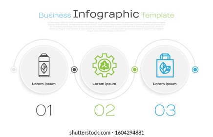 Set line Recycling plastic bottle, Recycle symbol and gear and Paper shopping bag with recycle. Business infographic template. Vector