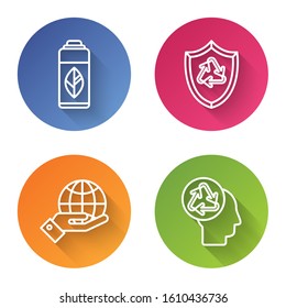 Línea Reciclando botellas plásticas, Símbolo de reciclaje dentro del escudo, Manos humanas sujetando el globo terrestre y cabeza humana con reciclaje. Botón de círculo de color. Vector