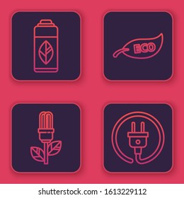 Set line Recycling plastic bottle, Light bulb with leaf, Leaf Eco symbol and Electric plug. Blue square button. Vector