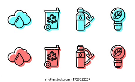 Línea Reciclando botella de plástico, Nube con lluvia, Papelera de reciclaje con reciclador y Bombilla con icono de hoja. Vector