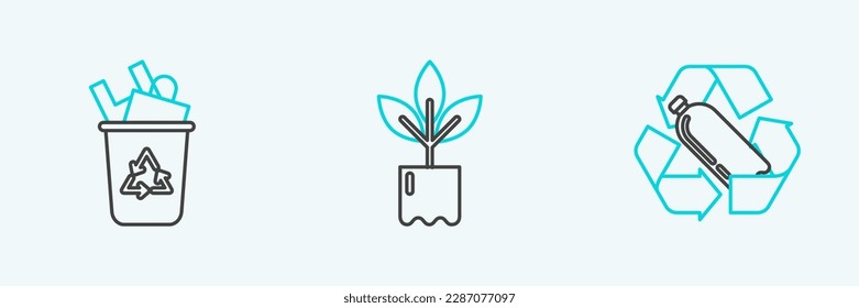Fijar línea Reciclando botella de plástico, Reciclar papelera con símbolo de reciclaje e icono Planta. Vector