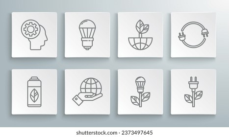 Set line Recycling plastic bottle, LED light bulb, Human hands holding Earth globe, Light with leaf, Electric saving plug,  and head gear inside icon. Vector