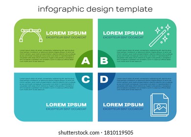 Set line Red eye effect, Bezier curve, Picture landscape and Magic wand. Business infographic template. Vector