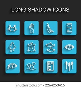 Set line Reddish eye allergic conjunctivitis, Dust, Crab, Clinical record, Wheat, Parasite mite,  and Fish icon. Vector