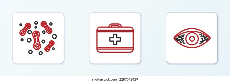 Set line Reddish eye allergic conjunctivitis, Bacteria and First aid kit icon. Vector