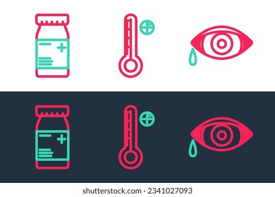 Set line Reddish eye allergic conjunctivitis, Medicine bottle and pills and Medical digital thermometer icon. Vector