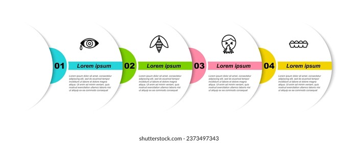 Set line Reddish eye allergic conjunctivitis, Bee, Handkerchief to his runny nose and Chicken egg in box. Business infographic template. Vector