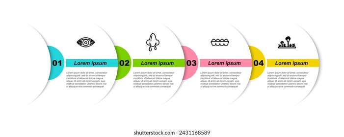 Conjuntivitis alérgica de ojos rojizos, moqueo nasal, huevo de pollo en caja y moho. Plantilla de infografía de negocios. Vector