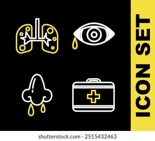 Set line Reddish eye allergic conjunctivitis, First aid kit, Runny nose and Lungs icon. Vector