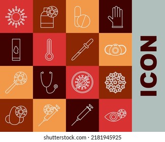 Set line Reddish eye due to virus, Virus, Medical protective mask, Medicine pill or tablet, thermometer, Blood test and,  and Pipette icon. Vector