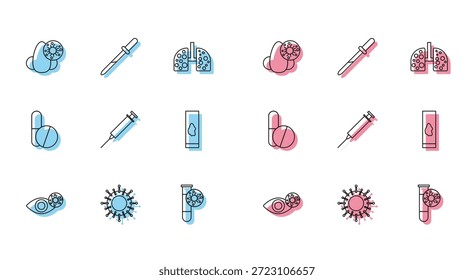 Línea roja del ojo debido al virus, virus, secreción nasal y escurrimiento nasal, tubo de prueba con jeringa, prueba de sangre, píldora o tableta de medicina y icono de pipeta. Vector
