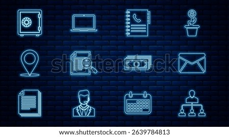 Set line Referral marketing, Envelope, Phone book, Document with search, Map pin, Safe, Stacks paper money cash and Laptop icon. Vector
